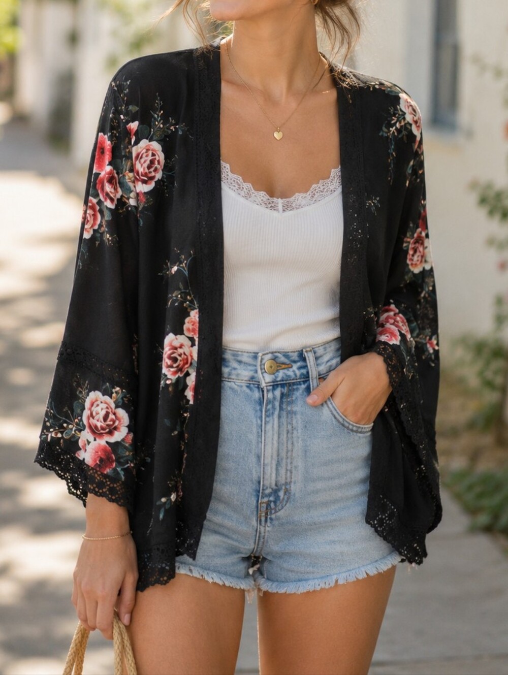 New Fashion Collection Black Floral Lace Trim Open Front Kimono Cardigan Boho